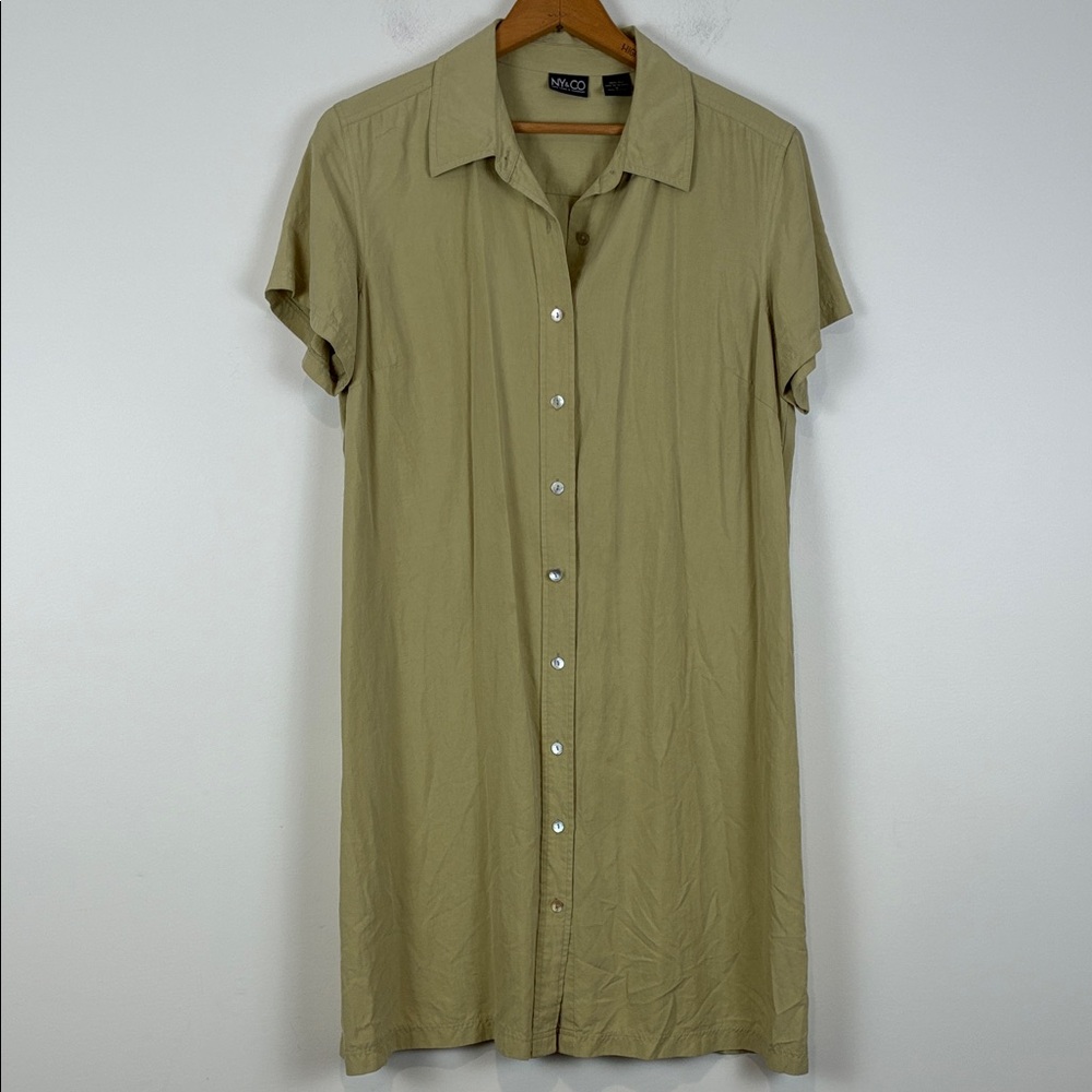 NY&Co Shirt Dress Womens 14 100% Silk Green Chartreuse Short-Sleeve Button Front